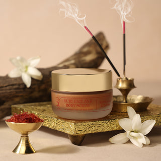 Ruby Kumkumadi Facial Scrub by Art of Vedas. This scrub has kumkumadi and saffron for your skin pores deep cleaning and protection.