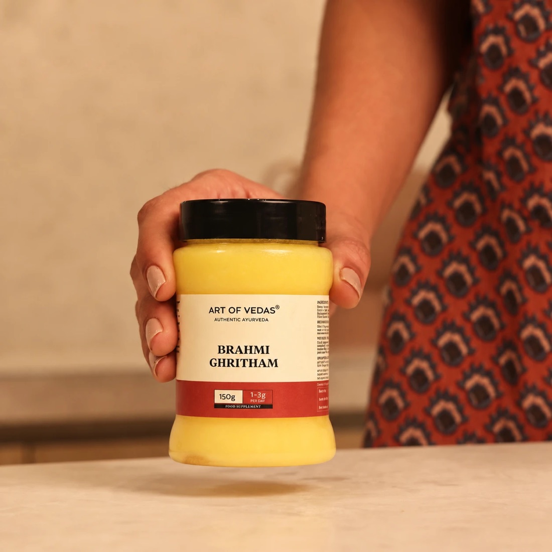 Art of Vedas Brahmi Ghritham in a 150 g jar, classical Ayurvedic medicated ghee slow cooked by the Sneha Paka method