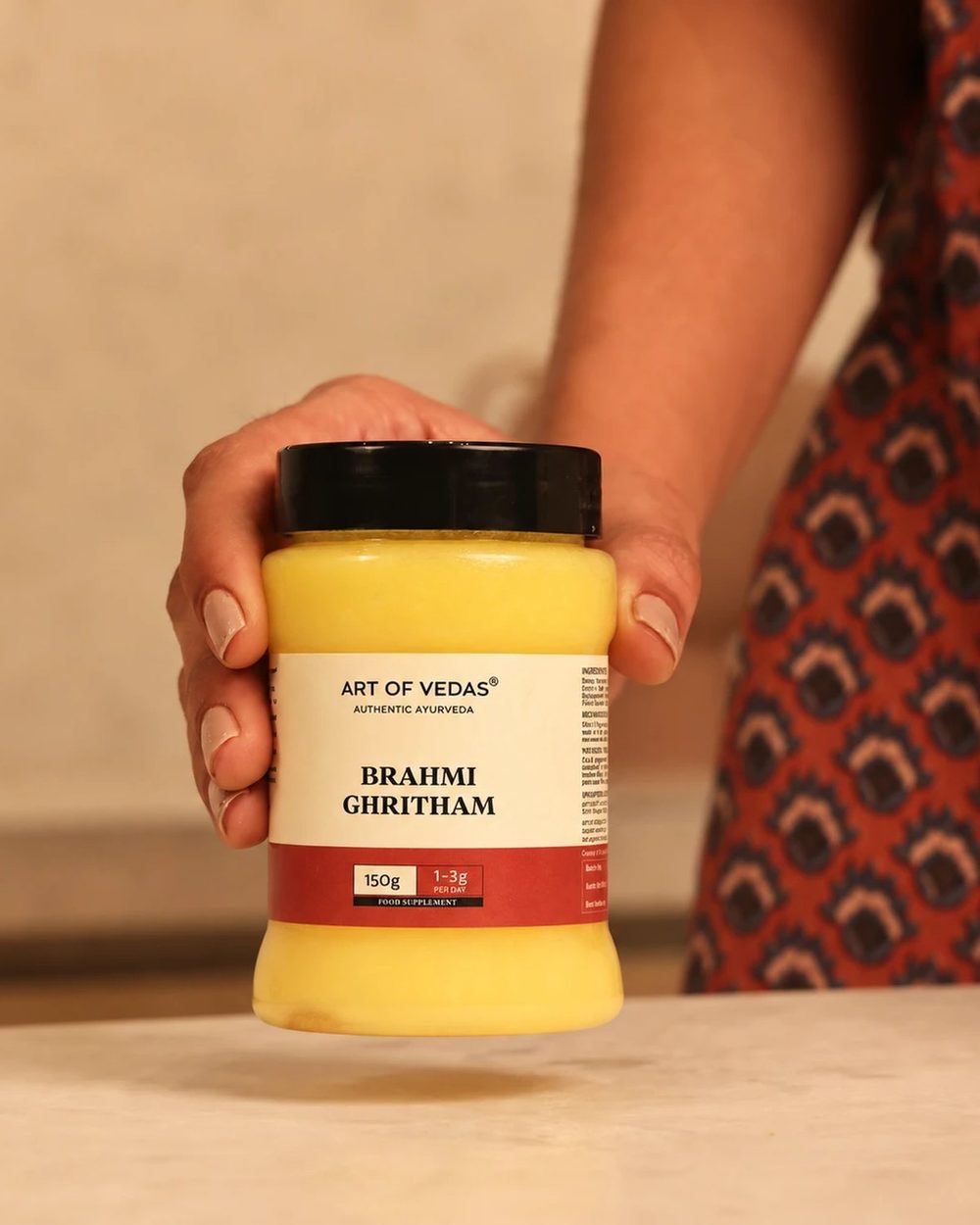 Art of Vedas Brahmi Ghritham in its food-grade PET jar, with the lid closed and the label facing forward