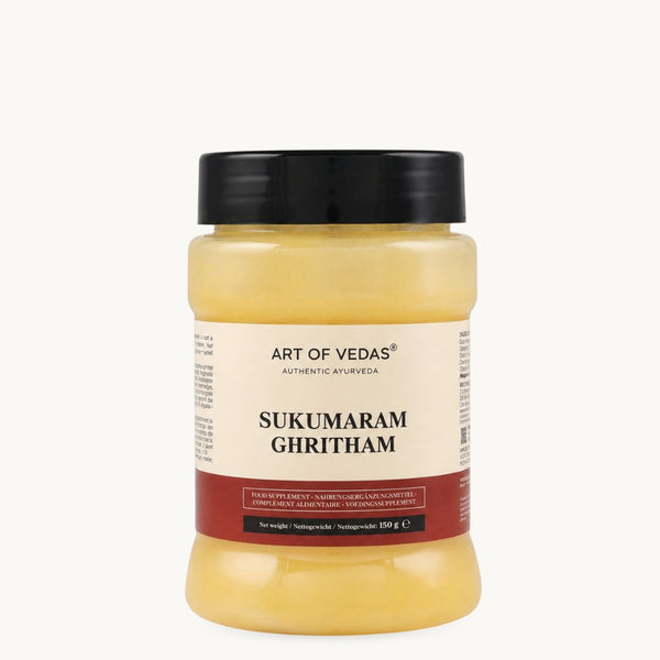 Art of Vedas Sukumaram Ghritham, classical Ayurvedic ghee: Ashwagandha, Shatavari, liquorice. 150 g glass jar